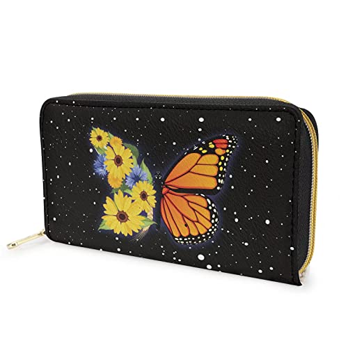 Lsjuee Geldbörse mit Schmetterlings-Sonnenblumen-Print für Damen, Pu-Leder-Reißverschluss um Lange, schlanke Geldbörse, Handy-Handtasche, Outdoor-Casual-Clutch-Taschen von Lsjuee