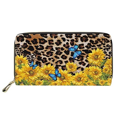 Lsjuee Geparden-Leopard-Sonnenblumen-Print-Geldbörse für Damen, lässige Reise-Geldbörse, Kartenhalter, Reißverschluss um Clutch, Handytasche von Lsjuee