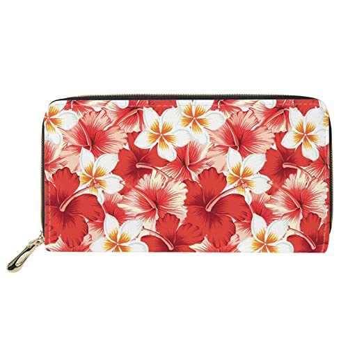 Lsjuee Hawaii Hibiscus Geldbörse für Damen, Plumeria, Pu-Leder, Reißverschluss um Lange, schlanke Geldbörse, Handy-Handtasche, Outdoor-Casual-Clutches, rot von Lsjuee