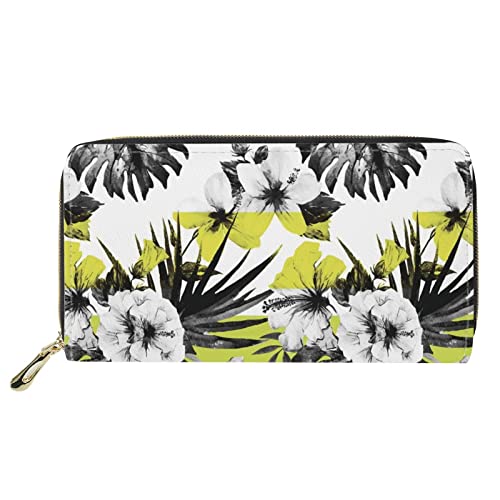 Lsjuee Hibiskus-Geldbörse für Damen, Pu-Leder-Reißverschluss um Lange, schlanke Geldbörse, Handy-Handtasche, lässige Outdoor-Clutch-Taschen, gelb und grau von Lsjuee