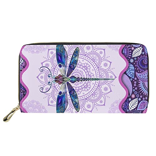 Lsjuee Lange Brieftasche mit Libellendruck für Damen, Kreditkartenhalter aus Leder mit Reißverschluss, schmale Handtasche, Geldbörse, lila von Lsjuee