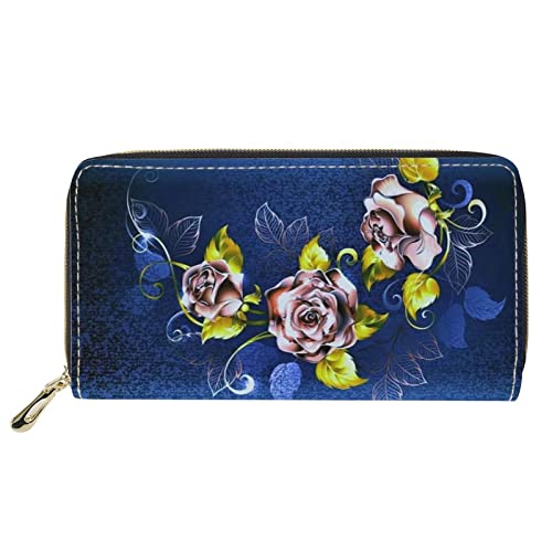Lsjuee Lange Brieftaschen aus PU-Leder für Frauen, Geld, Handtasche, Kosmetiktasche, Rosen-Blumendruck, Damen, Reisegeldbörse, blau von Lsjuee