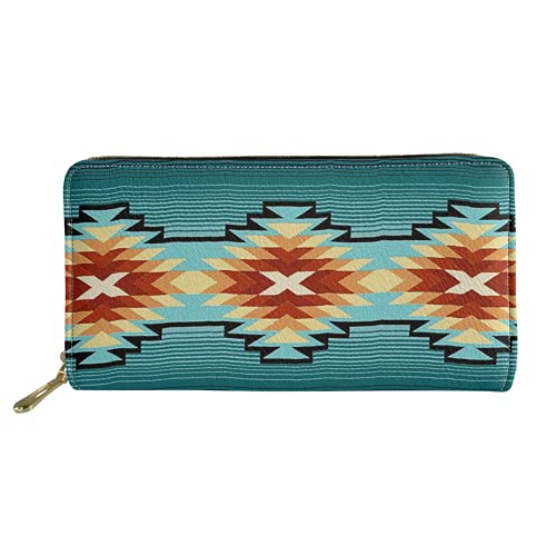 Lsjuee Modische Brieftasche mit Reißverschluss für Damen, Afican Aztec Style Print PU-Lederhandtasche für Münzen, Telefonwechselschlüssel, Kreditkarten, Blau Cyan von Lsjuee