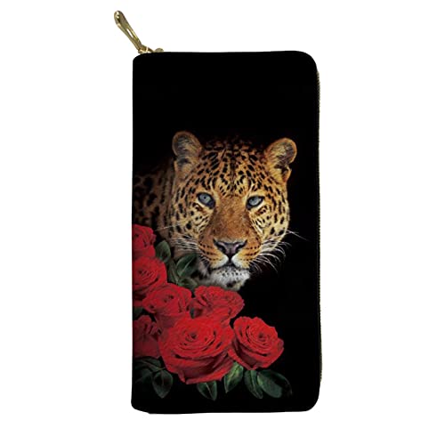 Lsjuee Reise-Telefonhülle für Frauen, klassischer Leopard mit rotem Rosendruck, tragbare Handtasche, Geldbörse, Reißverschluss von Lsjuee