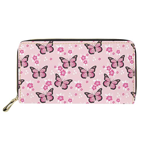 Lsjuee Rosa Blumen-Schmetterlings-Print Damen-Geldbörse mit Reißverschluss, Damen-Clutch, PU-Leder, Geldtasche, große Kapazität, Reisegeldbeutel, Kreditkartenhalter von Lsjuee