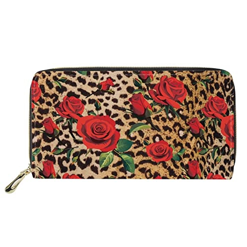 Lsjuee Rote Rose mit Geparden-Leoparden-Print Reise-Clutch für Damen Mädchen Leder Geldbörse Reißverschluss Geldbörse Organisatoren von Lsjuee