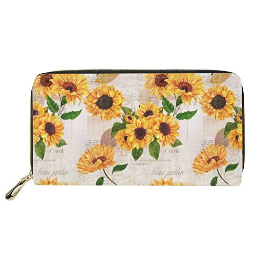 Lsjuee Sunflower Cartonn Bee Flower Schwarzes Blumen-Portemonnaie aus Leder mit Reißverschluss um die Handy-Clutch Große Reise-Geldbörse von Lsjuee