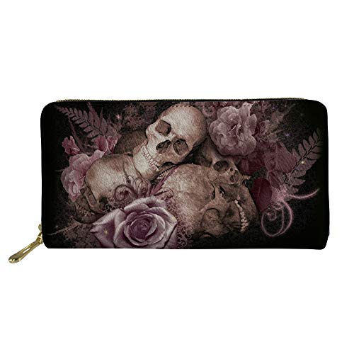 Lsjuee Totenkopf Rosa Blume Maxican Tag der Toten Skelett Totenkopf Totenkopf Blumen Frauen Geldbörse Lange Geldbörse Kupplung Reisetasche von Lsjuee