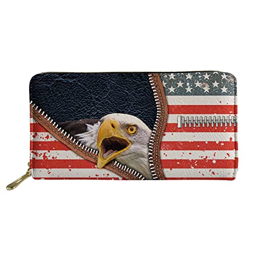 Lsjuee Vintage Leder Reißverschluss Clutch Geldbörse American Eagle Flag Print Geldbörse Handytasche für Damen Herren von Lsjuee