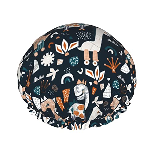 Lustige Cartoon-Dinosaurier-Duschhaube für Damen, wiederverwendbar, lange Haarkappen mit Gummiband, doppellagig, Bade-Duschhut für Erwachsene und Kinder von Lsjuee