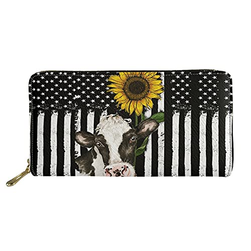 Lustige Kuh-Sonnenblume-Flagge Bedruckte Lange Brieftasche, Geldbörse, leichte Mode-PU-Leder-Geldbörse, Handtasche für Teenager, Mädchen, Frauen, Geschenke von Lsjuee