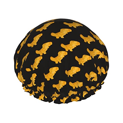 Niedliche Dinosaurier-Hühnernuggets-Duschhaube für Damen, wiederverwendbar, lange Haarkappen mit elastischem Band, doppellagige Bade-Duschmütze für Erwachsene und Kinder von Lsjuee