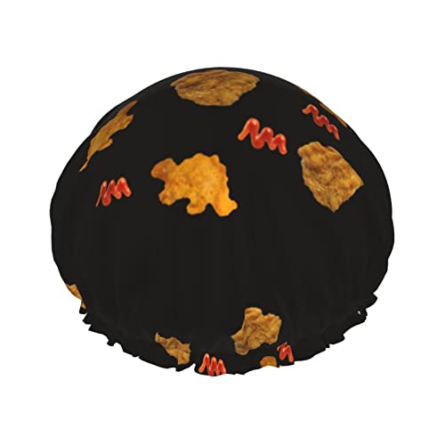 Niedliche Dinosaurier-Hühnernuggets-Duschhaube für Damen, wiederverwendbar, lange Haarkappen mit elastischem Band, doppellagige Bade-Duschmütze für Erwachsene und Kinder von Lsjuee