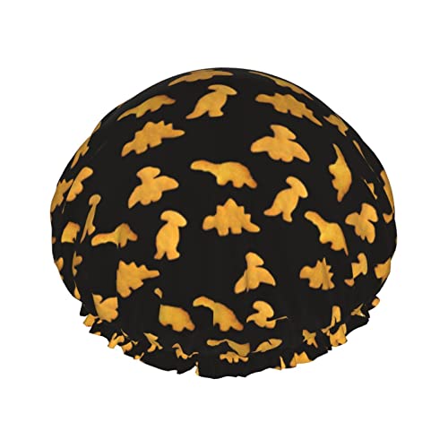 Niedliche Dinosaurier-Hühnernuggets-Duschhaube für Damen, wiederverwendbar, lange Haarkappen mit elastischem Band, doppellagige Bade-Duschmütze für Erwachsene und Kinder von Lsjuee