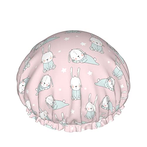 Niedliche Häschen wiederverwendbare elastische Badekappe wasserdichte Duschhaube für Damen, Kappen für Mädchen Spa Heimgebrauch, Hotel und Friseursalon von Lsjuee