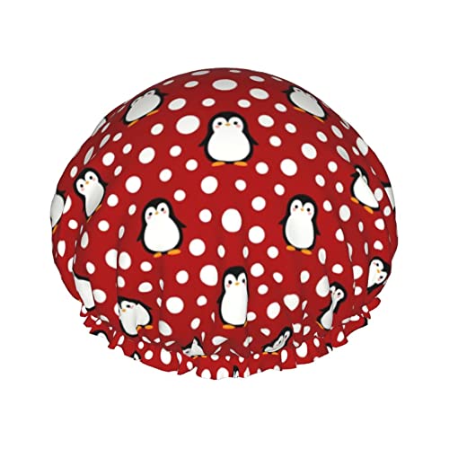 Niedliche Weihnachts-Pinguin-Muster-Duschhaube für Damen, wiederverwendbar, lange Haarkappen mit elastischem Band, doppellagige Bade-Duschmütze für Erwachsene und Kinder von Lsjuee