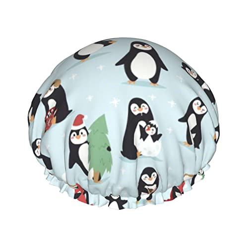 Niedliche Weihnachts-Pinguin-Muster-Duschhaube für Damen, wiederverwendbar, lange Haarkappen mit elastischem Band, doppellagige Bade-Duschmütze für Erwachsene und Kinder von Lsjuee