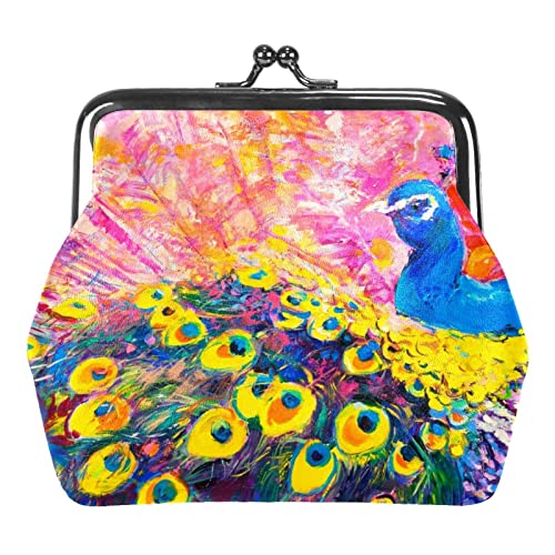 Originales Ölgemälde auf Leinwand. Bunter Pfau. Moderne Kunst. Münzgeldbörse Vintage-Beutel mit Schnalle, Clutch-Tasche, Kiss-Lock-Wechselgeldbörse, Verschluss-Verschluss, Geldbörsen für Damen und Mäd von Lsjuee