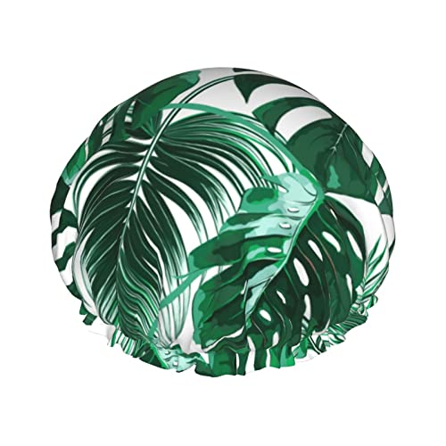 Palm Leaf Flower Duschhaube für Frauen, wiederverwendbar, doppelt, wasserdicht, Dusch-Haarschutz, PEVA-gefütterter Duschhut für alle langen Haarlängen, dehnbare, verstellbare Duschhauben von Lsjuee