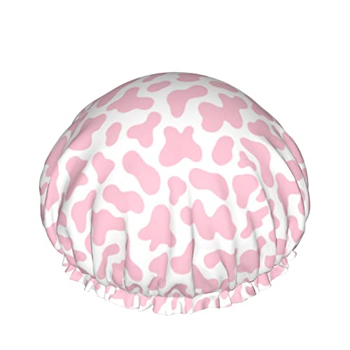 Pink Cow Skin Abstract Animal Farm Duschhaube für Frauen, verstellbar, doppelt, wasserdicht, Badekappe, Haarschutz, wiederverwendbar, Damen, Spa-Salon, Duschhut von Lsjuee