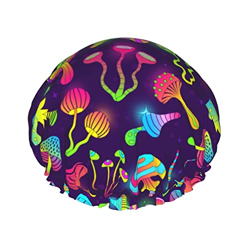 Psychedelic Magic Glowing Mushroom Duschhaube für Damen, wiederverwendbar, lange Haarkappen mit Gummiband, doppellagig, Bade-Duschhut für Erwachsene und Kinder von Lsjuee