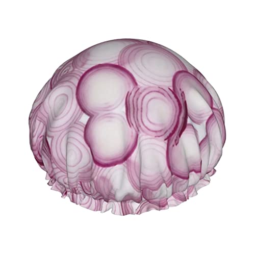 Slice Red Onion Rings Pattern Duschhaube für Damen, wiederverwendbar, lange Haarkappen mit Gummiband, doppellagig, Bade-Duschhut für Erwachsene und Kinder von Lsjuee