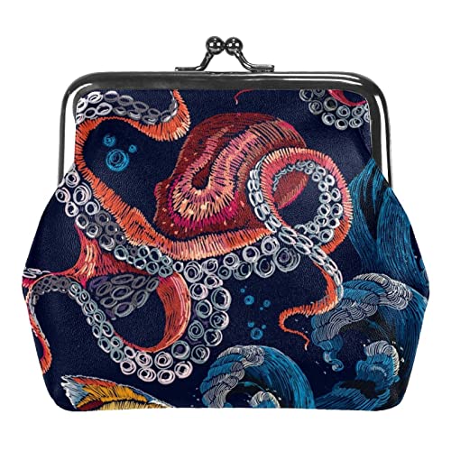 Stickerei-Oktopus-Meereswellen-Fische-Münzen-Geldbeutel-Geldbörsen-Beutel-Wechselbeutel-Geschenke für Frauen-Kind-Mädchen-Schlüsselhalter von Lsjuee