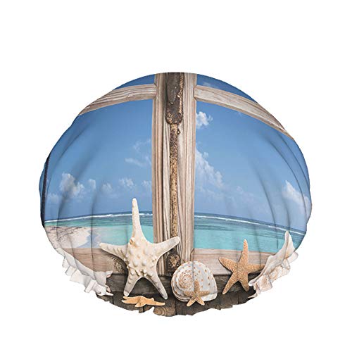 Strandszene Duschhaube Wasserabweisender Badehut Wiederverwendbares strapazierfähiges elastisches Polyester für Männer Frauen 4,3 x 10,6 Zoll von Lsjuee