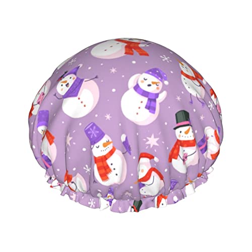 Süße Weihnachts-Schneemann-Muster-Duschhaube für Damen, wiederverwendbar, lange Haarkappen mit elastischem Band, doppellagige Bade-Duschmütze für Erwachsene und Kinder von Lsjuee