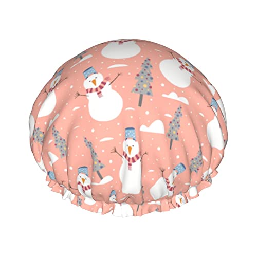 Süße Weihnachts-Schneemann-Muster-Duschhaube für Damen, wiederverwendbar, lange Haarkappen mit elastischem Band, doppellagige Bade-Duschmütze für Erwachsene und Kinder von Lsjuee