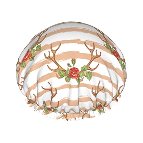 Vintage Hirsch Elch Weihnachten Blumen Blumen Duschhaube Damen Wiederverwendbare lange Haarkappen mit Gummiband Doppellagige Badeduschmütze für Erwachsene Kinder von Lsjuee