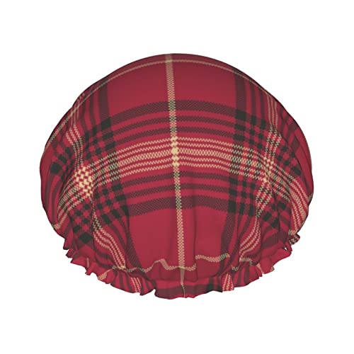 Weihnachten Rot Schwarz Plaid Dusche Kappe Frauen Wiederverwendbare Lange Haar Kappen Mit Gummiband Doppel Schicht Baden Dusche Hut Für erwachsene Kinder von Lsjuee