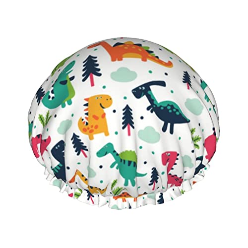 Wiederverwendbare doppellagige wasserdichte Duschhaube für Damen mit Cartoon-Dinosaurier-Motiv von Lsjuee