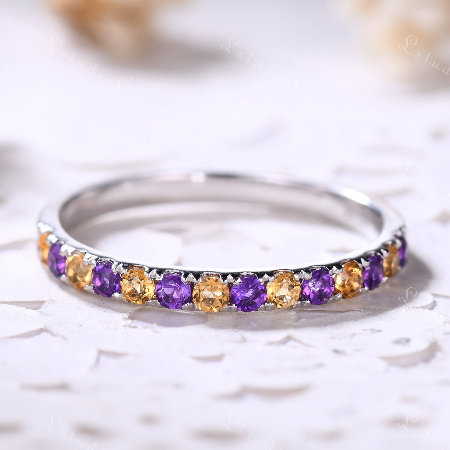 2mm Amethyst Ehering Silber Weißgold Citrin Ring Band Halbe Ewigkeit Februar Geburtsstein Stapelring Edelstein Für Frauen von LstudioC