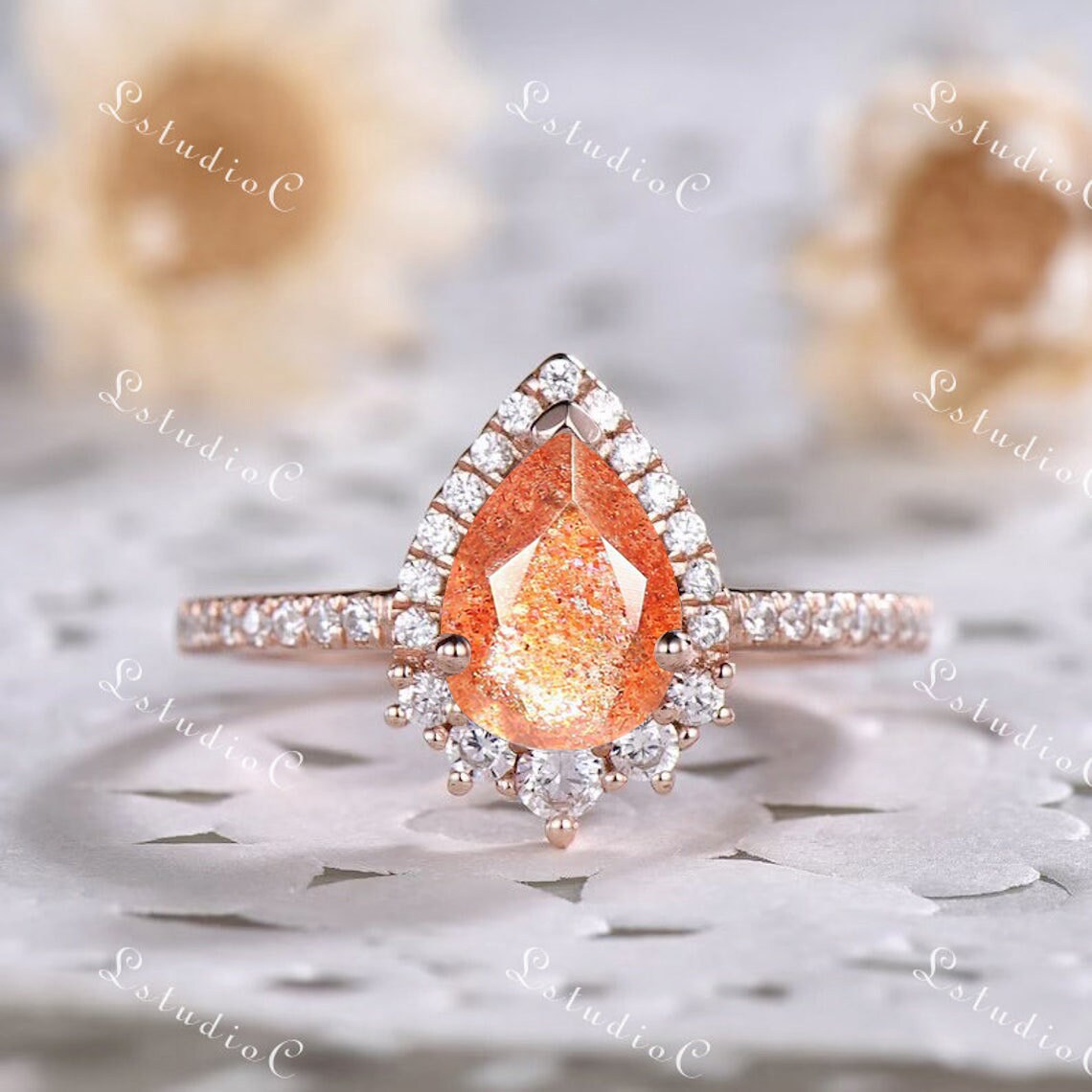 Birnenförmiger Sonnenstein Verlobungsring Rosegold Ehering Sterling Silber Ring Edelstein von LstudioC