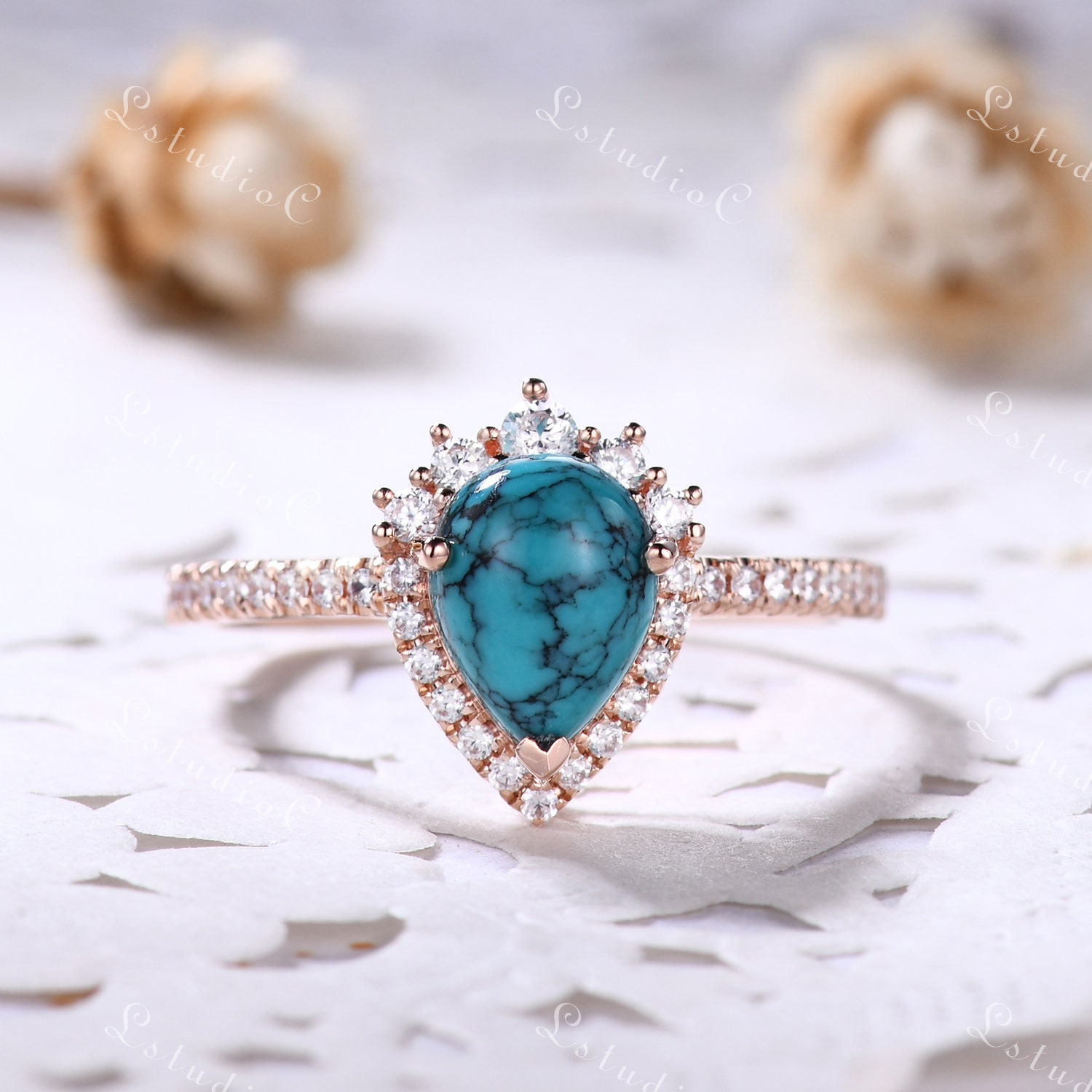 Birnenförmiger Türkis Verlobungsring 14K Rose Gold Teardrop Boho Ring Dezember Birthstone Moissanite Für Frauen von LstudioC