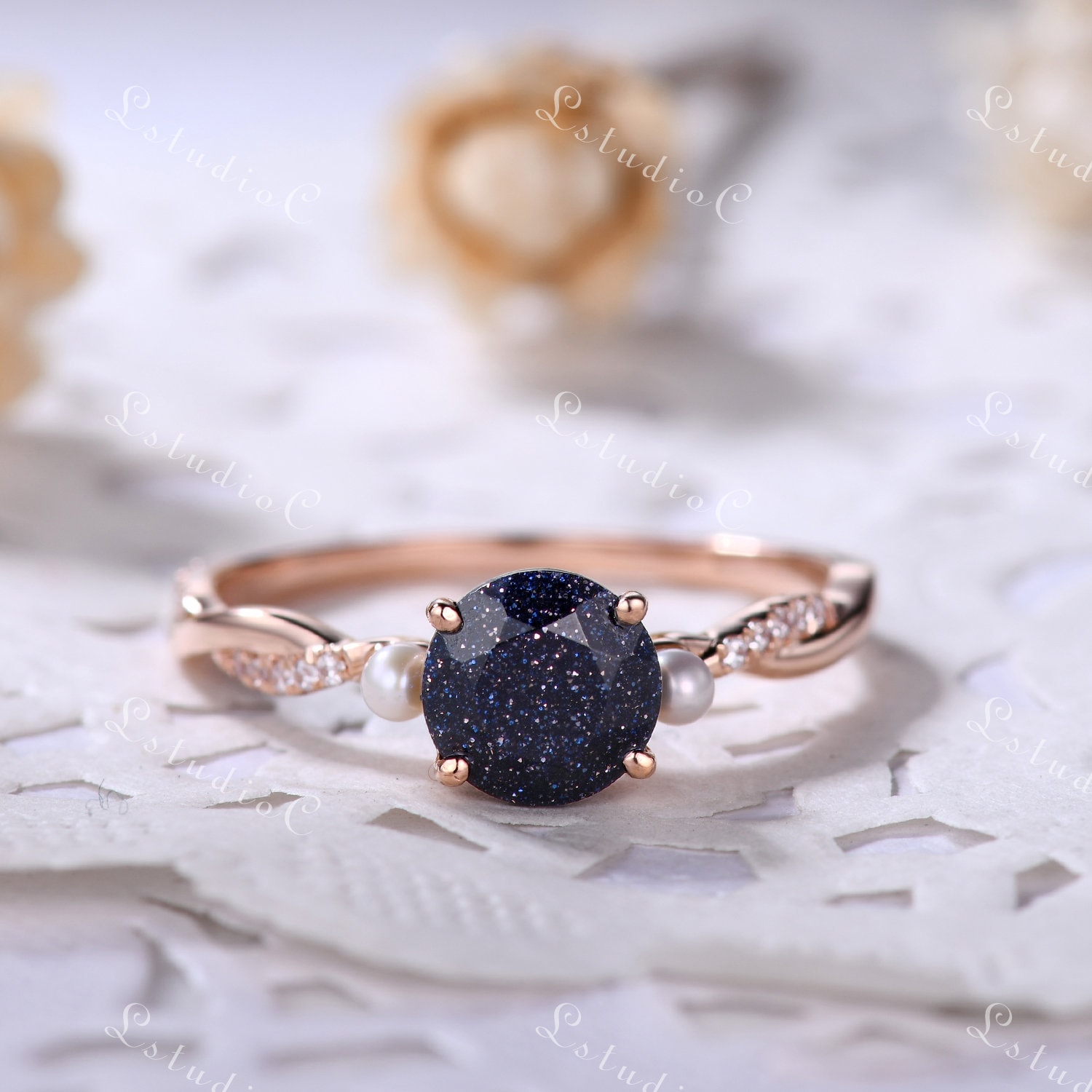 Blauer Sandstein Ring Perlenring Rosegold Verlobungsring Unikat Vintage Edelstein Sterling Silber Für Frauen von LstudioC