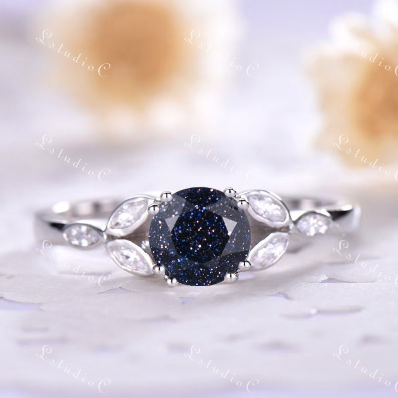 Blauer Sandstein Verlobungsring Cz Diamant 925 Sterling Silber 14K 18K Weißgold Marquise Blatt Antik Ehering Unikat Jahrestag Geschenk von LstudioC