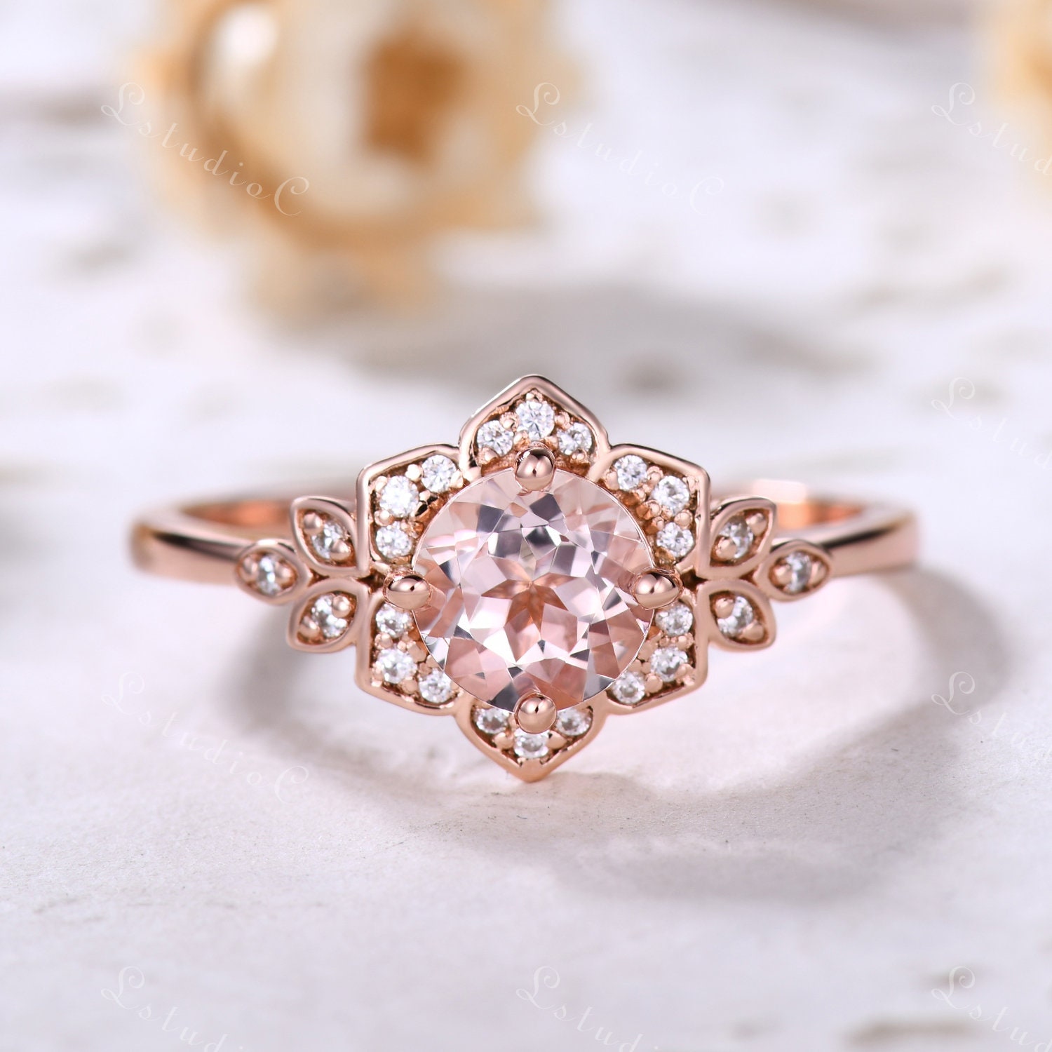 Blume Morganit Verlobungsring Vintage Ehering Rund Ring Roségold Frauen Versprechen Statement Jubiläum von LstudioC