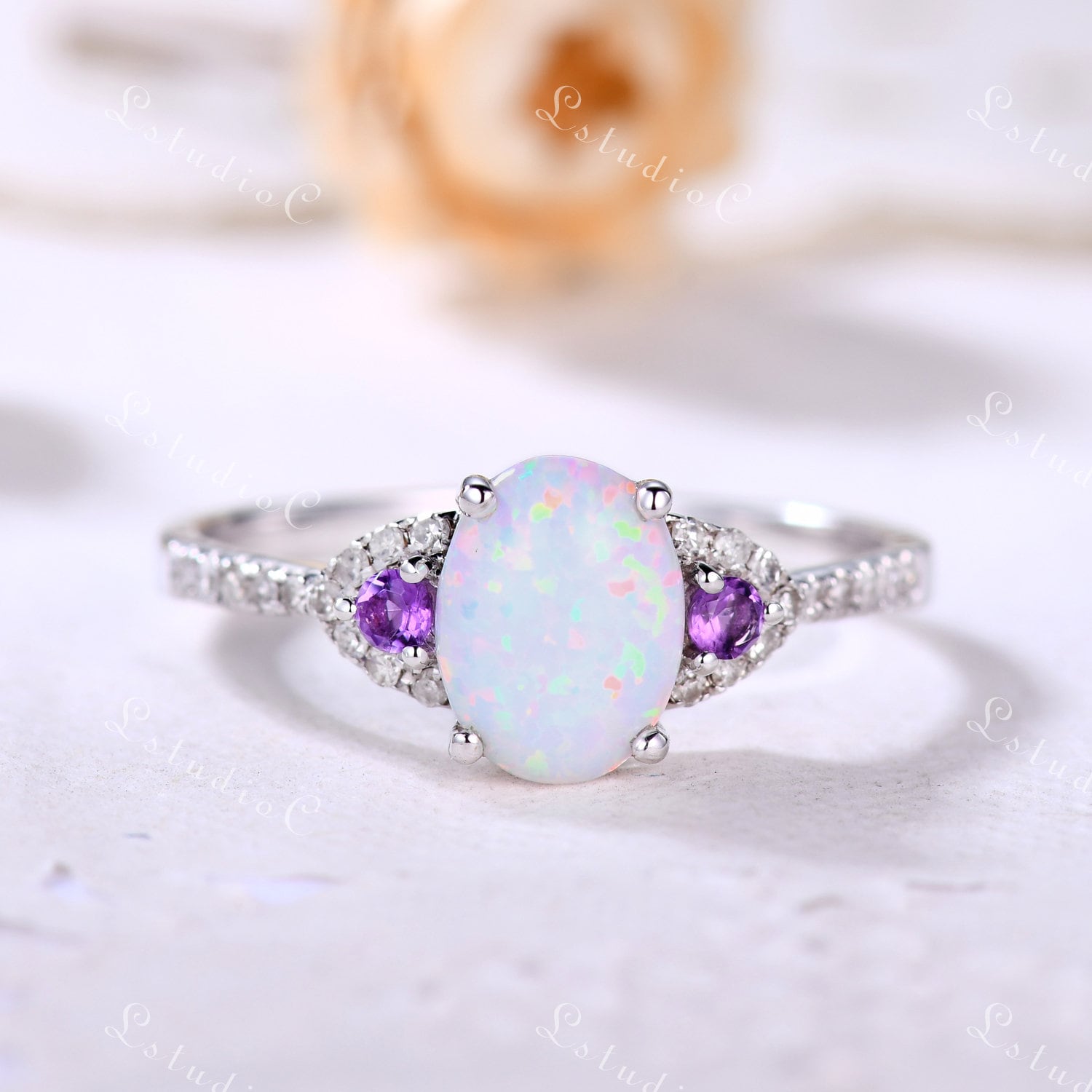 Feueropal Ring Amethyst Rosegold Opal Verlobungsring Unikat Opalring Vintage Sterling Silber Ehering von LstudioC