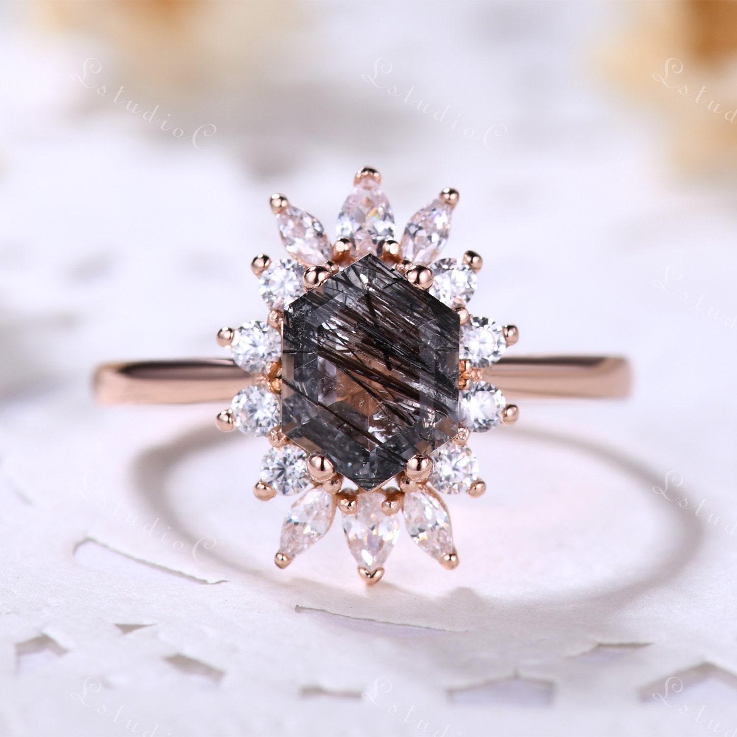 Hexagon Schwarzer Rutilquarz Ring Rosegold Quarz Verlobungsring Halo Vintage Unikat Sterling Silber Für Frauen von LstudioC