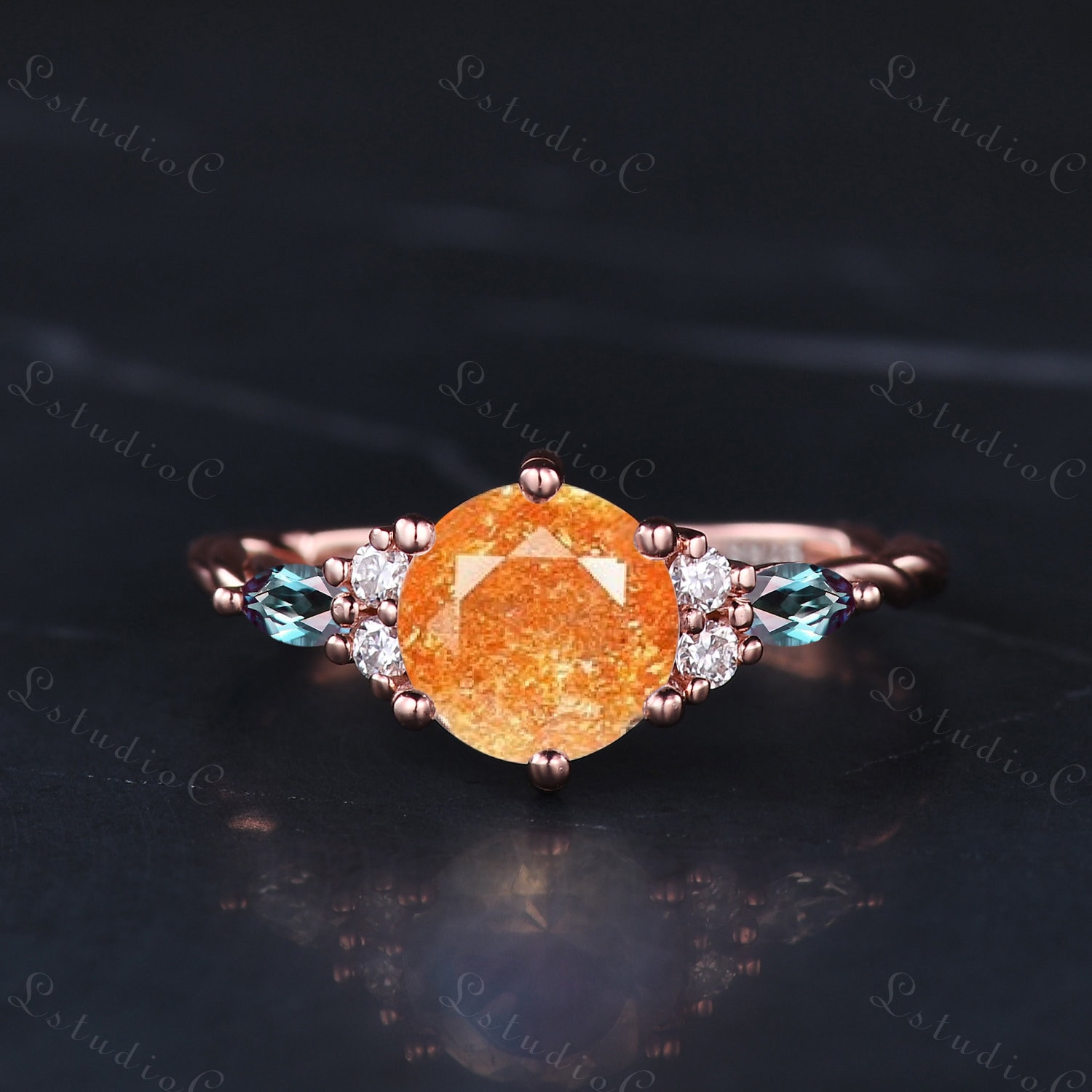 Natürlicher Rundschliff Sonnenstein Verlobungsring Vintage Silber Rose Gold Marquise Alexandrit Ring Twisted Moissanite Frauen Jahrestag Geschenk von LstudioC