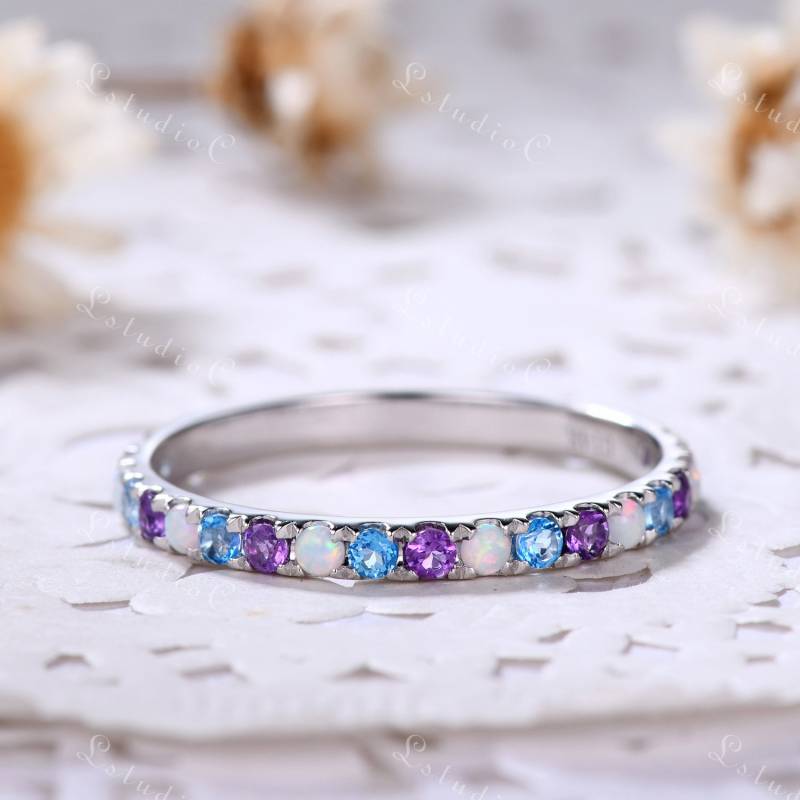 Opal Amethyst Blautopas Ehering Sterling Silber Ring Halbe Ewigkeit Birthstone Stapelring Naturstein Edelstein von LstudioC