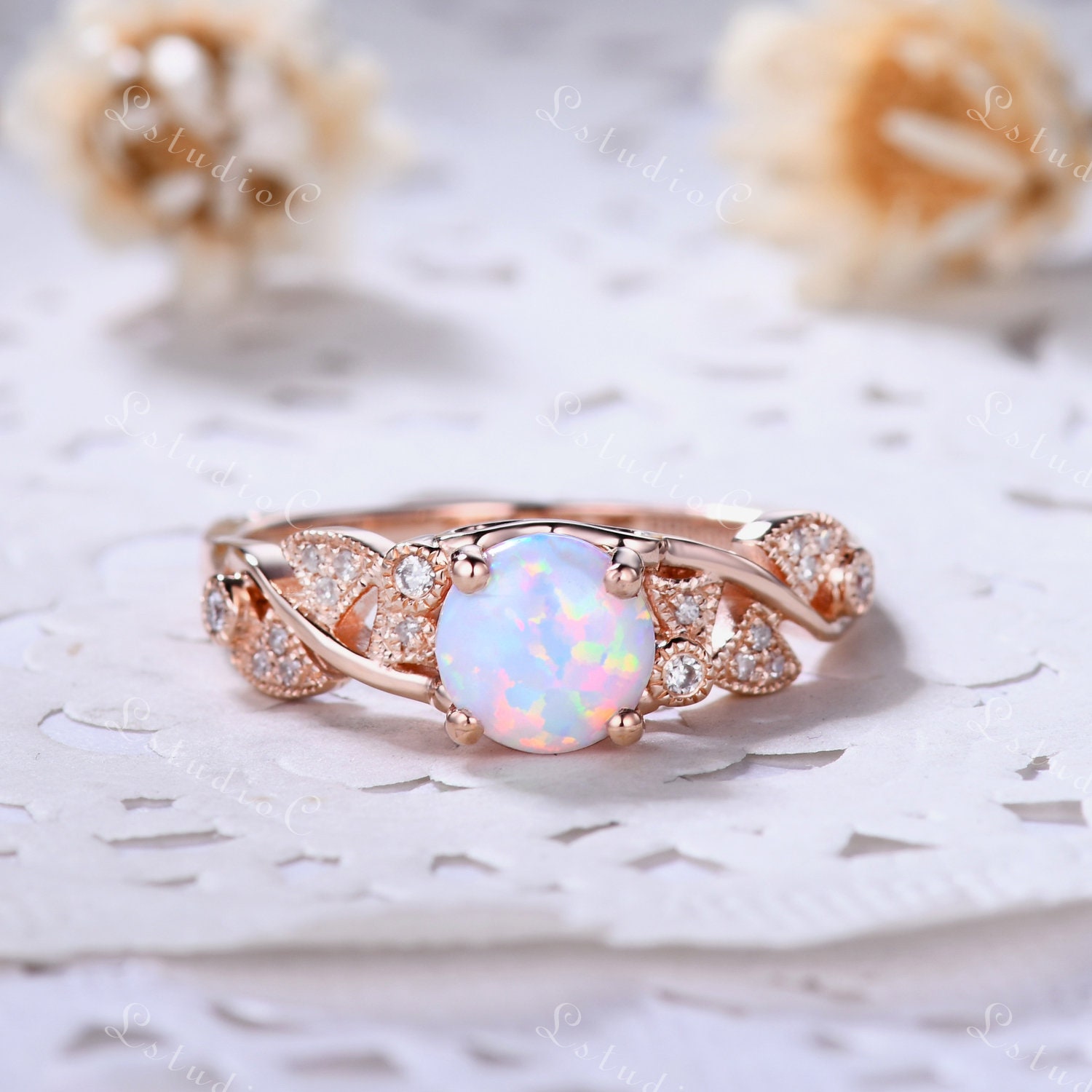 Opal Verlobungsring Rosegold Vintage Feueropal Ehering 925 Silber Zierlicher Opalring Unikat Frauenring von LstudioC