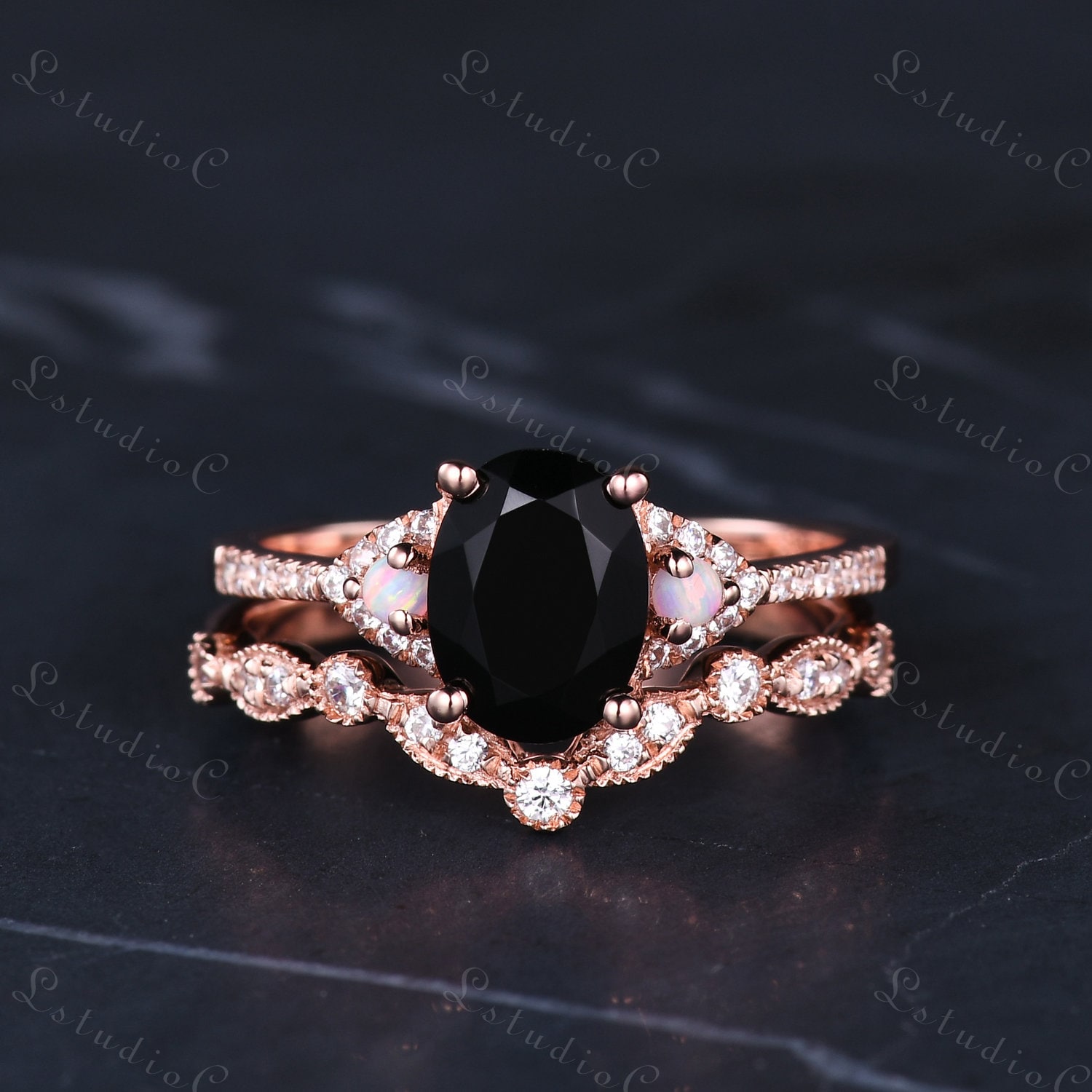 Oval Cut Black Onyx Verlobungsring Set 14K Rose Gold Vintage Opal Diamant Hochzeit Braut Ring Edelstein Stapel Versprechen Für Frauen von LstudioC