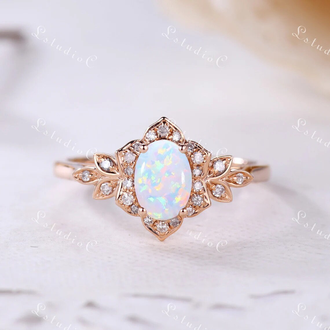 Oval Cut Opal Blumen Ring 14K Rose Gold Vintage Natur Inspiriert Feuer Ehering Blatt Antik Oktober Birthstone Für Frauen von LstudioC