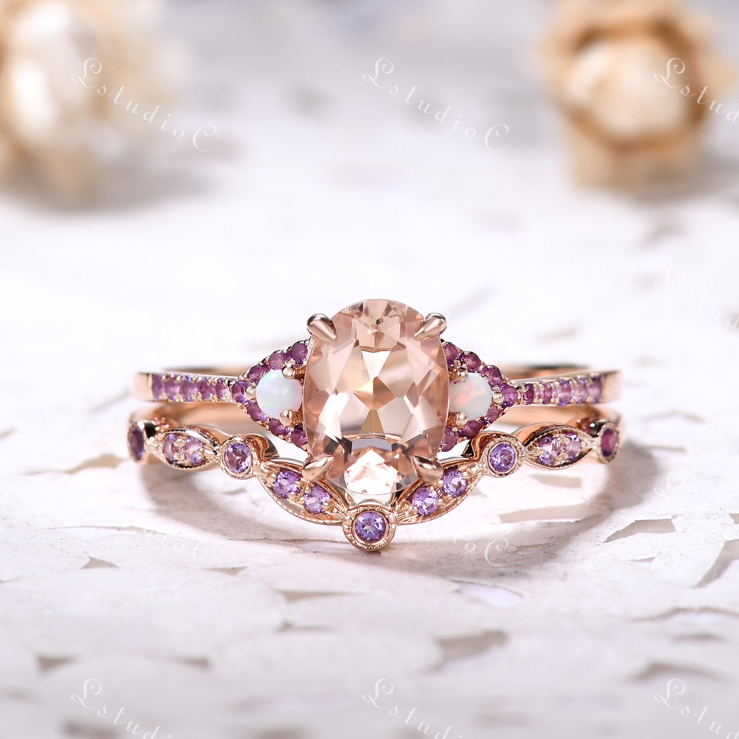 Oval Cut Pink Morganit Verlobungsring Set 14K Rose Gold Opal Amethyst Hochzeit Braut Vintage 3 Stein Ring Antique Cluster Frauen von LstudioC