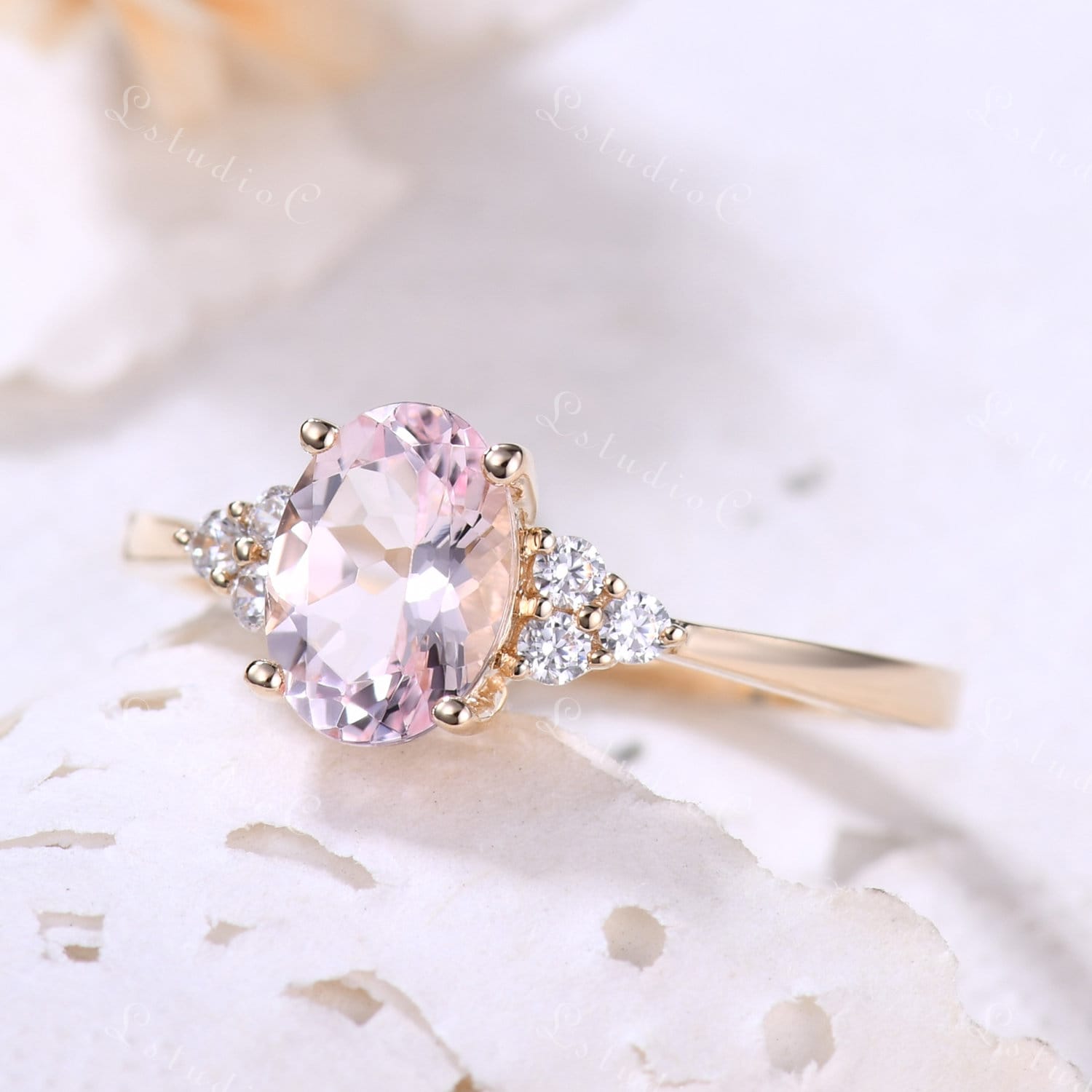 Oval Morganit Verlobungsring Zierlicher Pink Ring Cluster 14K Sterling Silber Frauen Jahrestag Geschenk von LstudioC