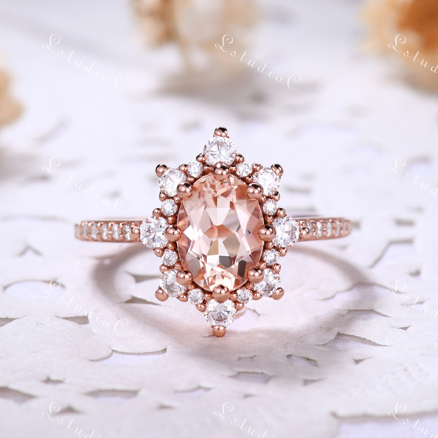 Ovaler Morganit Ring Rose Gold Pink Verlobungsring Cocktailring Vintage Zierlicher Für Frauen Sterling Silber von LstudioC