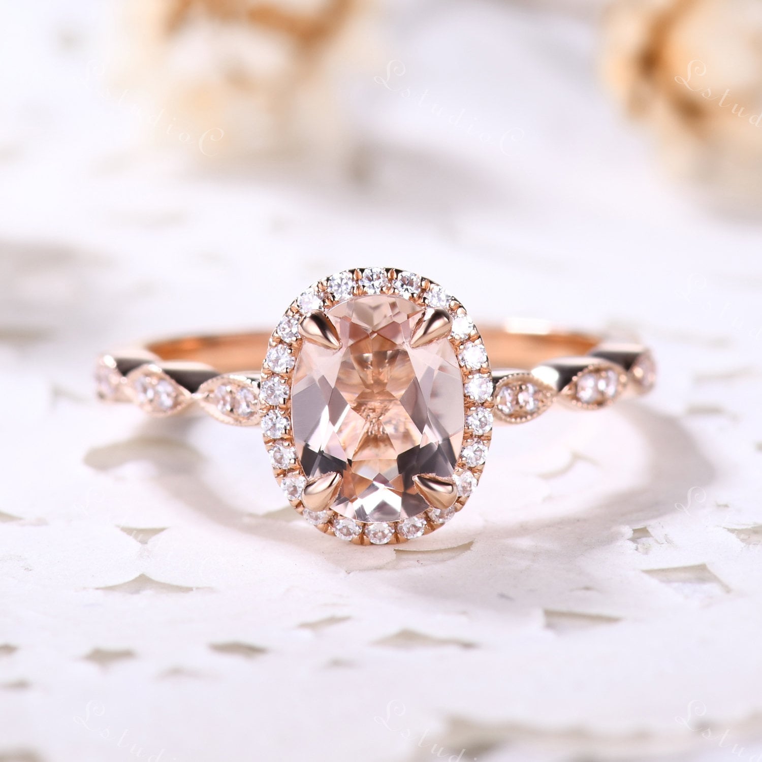 Ovaler Morganit Verlobungsring Rosegold Pink Ring Zierlicher Halo Vintage Ehering Für Frauen Silber von LstudioC